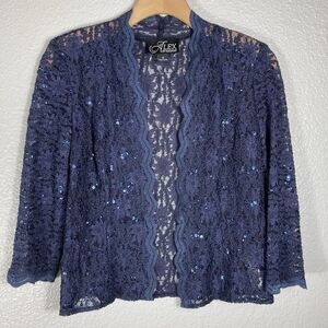 Alex Evenings Navy Lace Sequin Open Cardigan